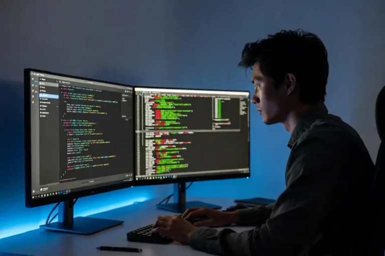 Developer reviewing vibe coding test results on a dual-monitor setup