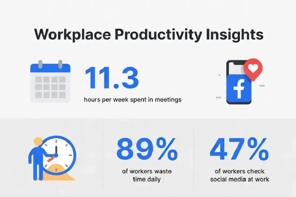 Infographic showing 11.3 weekly meeting hours and top workplace productivity drains in 2026