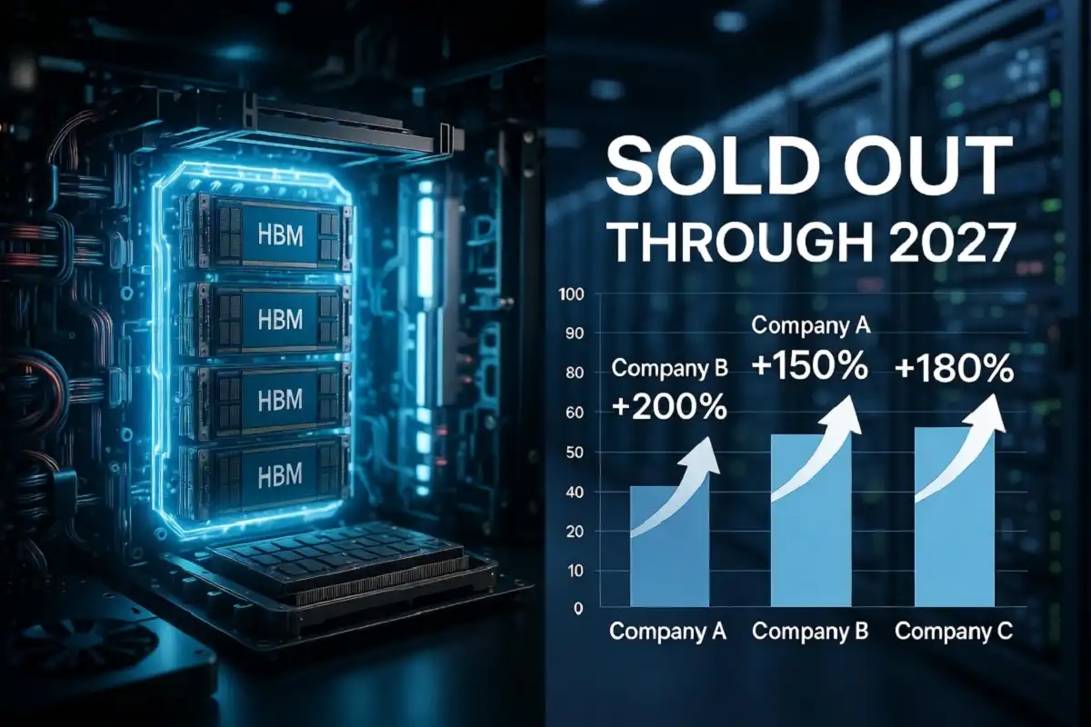 AI memory stocks infographic showing HBM chips in a data center and 2026 performance of Micron, SK Hynix, and Samsung