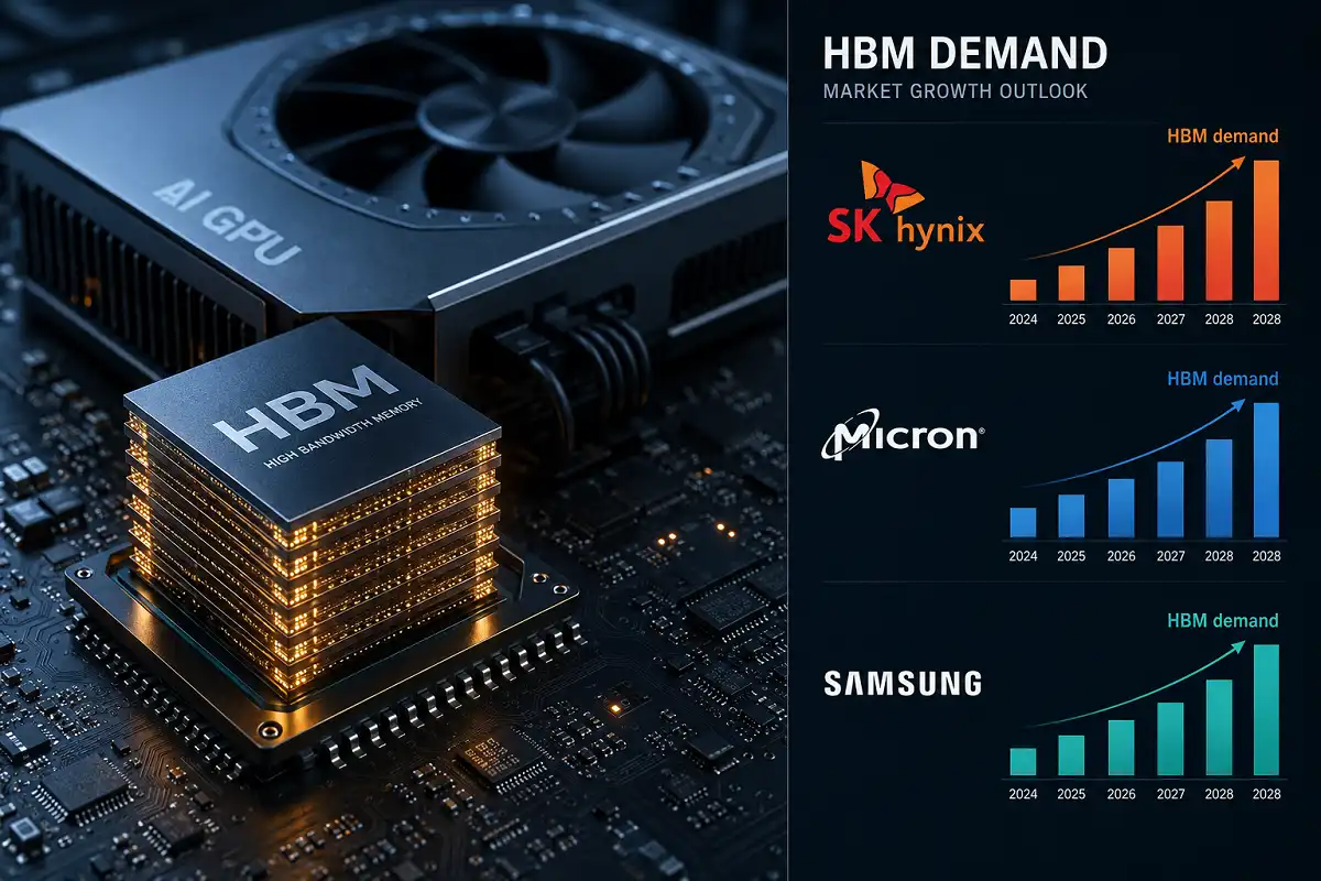 Infographic showing the top AI memory stocks 2026 with high-bandwidth memory chips and rising demand charts