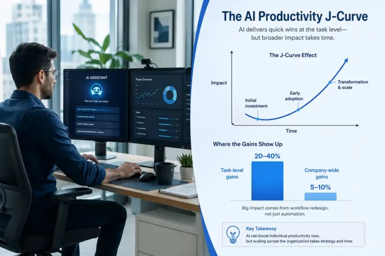 Infographic showing the AI productivity impact 2026 with high task-level gains and modest company-wide output growth