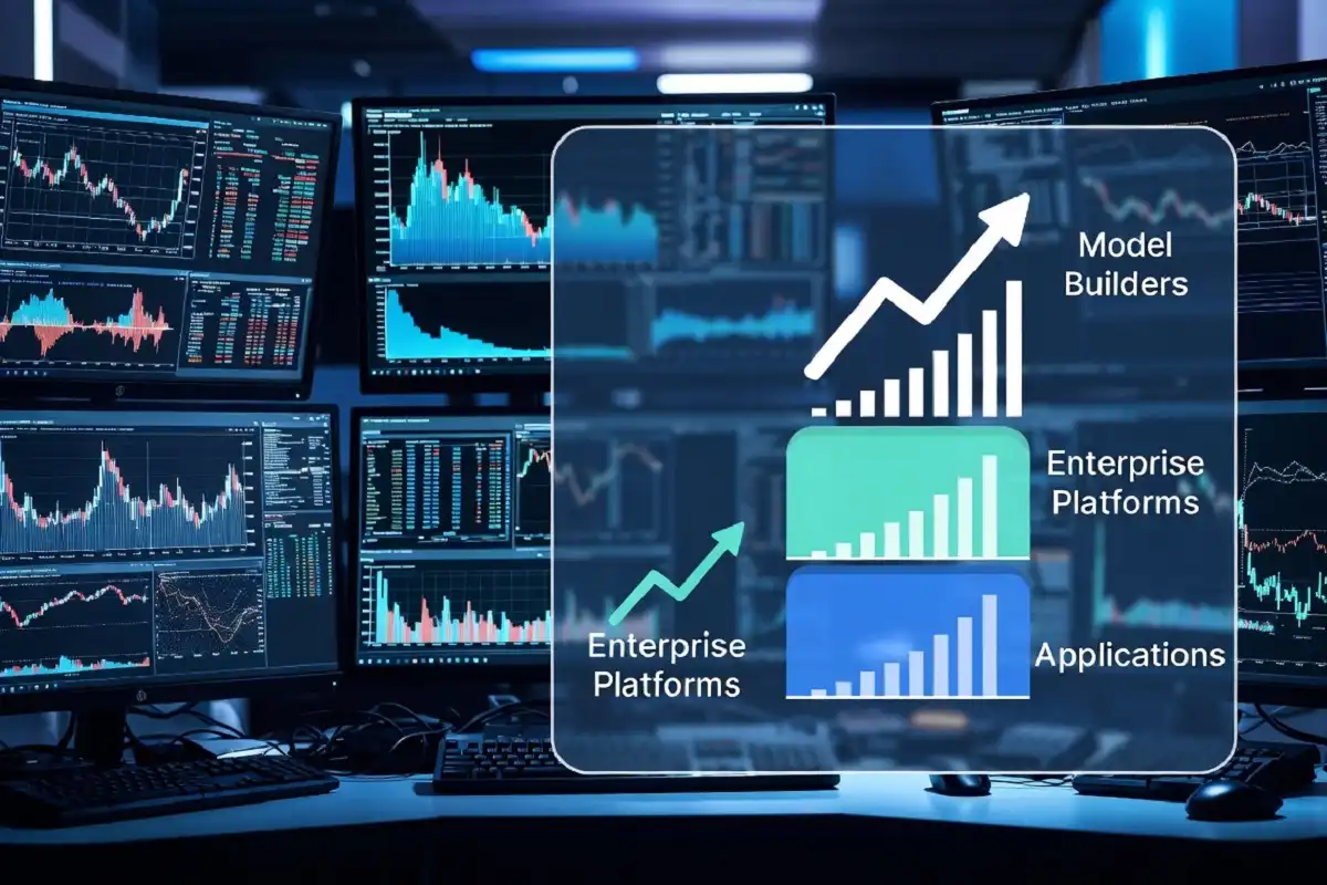 Infographic on a trading desk explaining AI software stocks across model, platform, and application layers in 2026