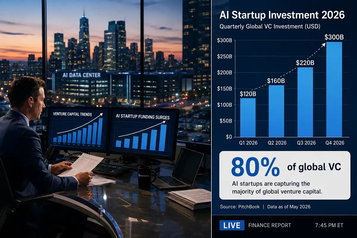 Chart illustrating AI startup investment totals reaching record highs in 2026