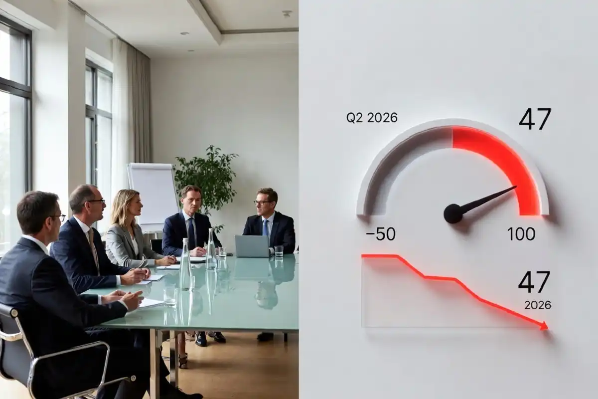 Infographic gauge showing the CEO confidence index at 47 for Q2 2026 beside executives in a boardroom