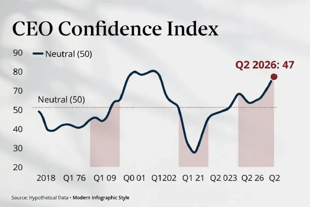 Line chart showing the CEO confidence index falling below 50 ahead of past recessions