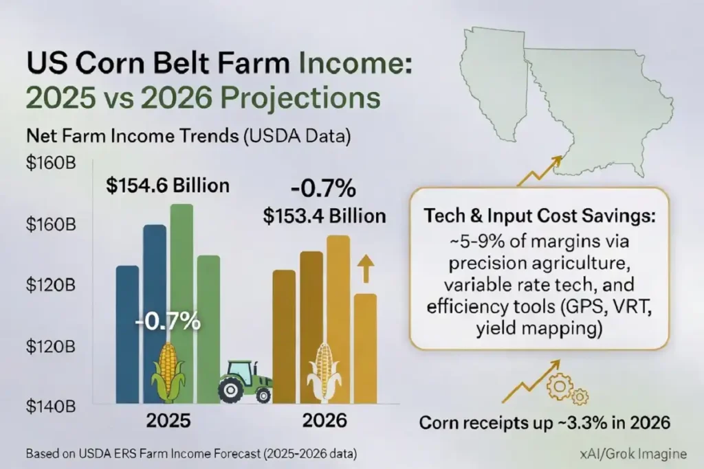 Infographic showing how farming pioneer technology investment tracks with 2026 farm income growth