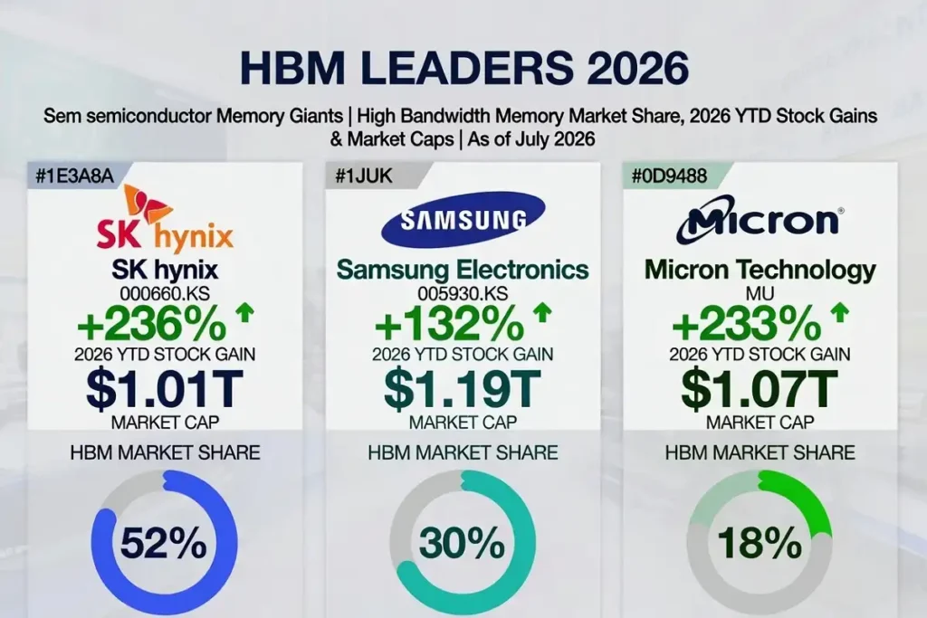Comparison chart of AI memory stocks Micron, SK Hynix, and Samsung by 2026 gains and HBM market share