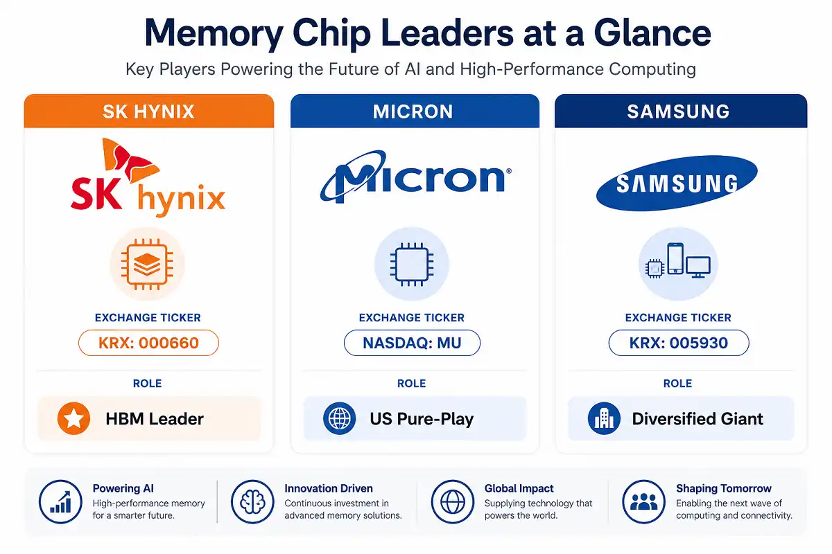Comparison chart of leading AI memory stocks 2026 including SK Hynix Micron and Samsung