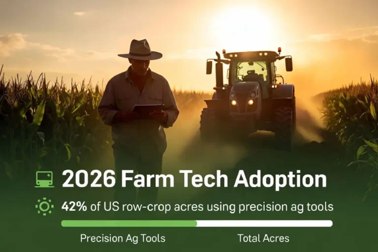 Modern farming pioneer using precision agriculture technology in a US cornfield in 2026