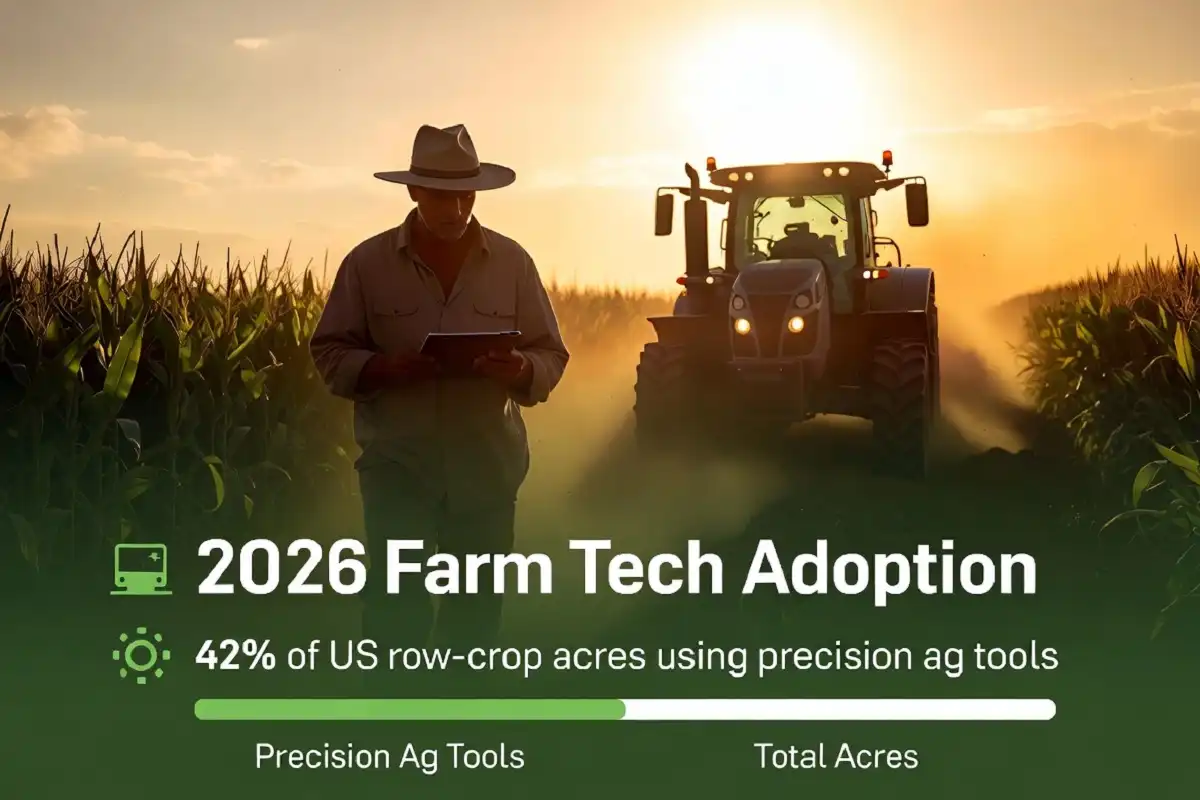 Modern farming pioneer using precision agriculture technology in a US cornfield in 2026