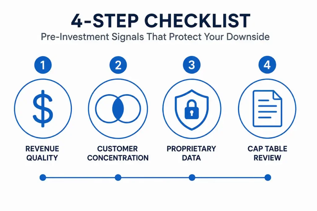 Checklist infographic for evaluating an AI startup investment before committing capital