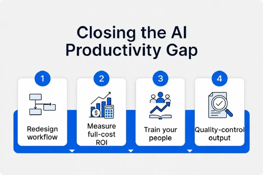 Four-step infographic showing how companies turn AI speed into real productivity results