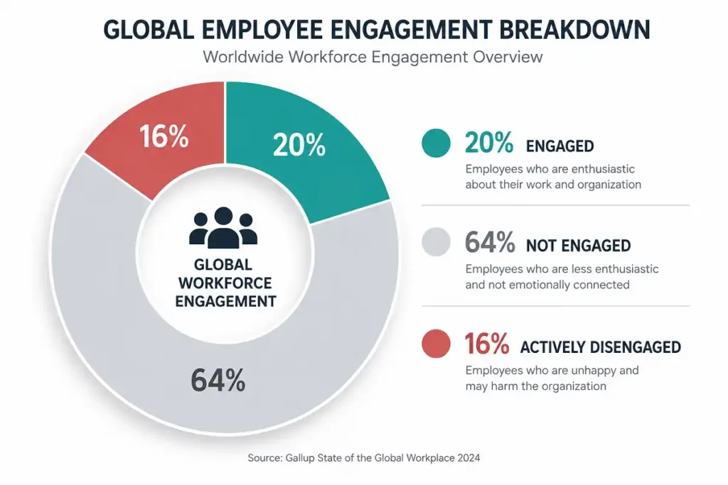 Infographic of workplace productivity data showing global employee engagement levels in 2026
