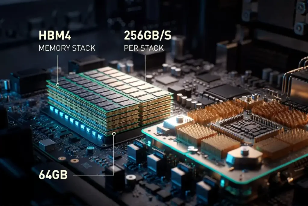 HBM4 memory stack beside an AI GPU showing the technology behind AI memory stocks