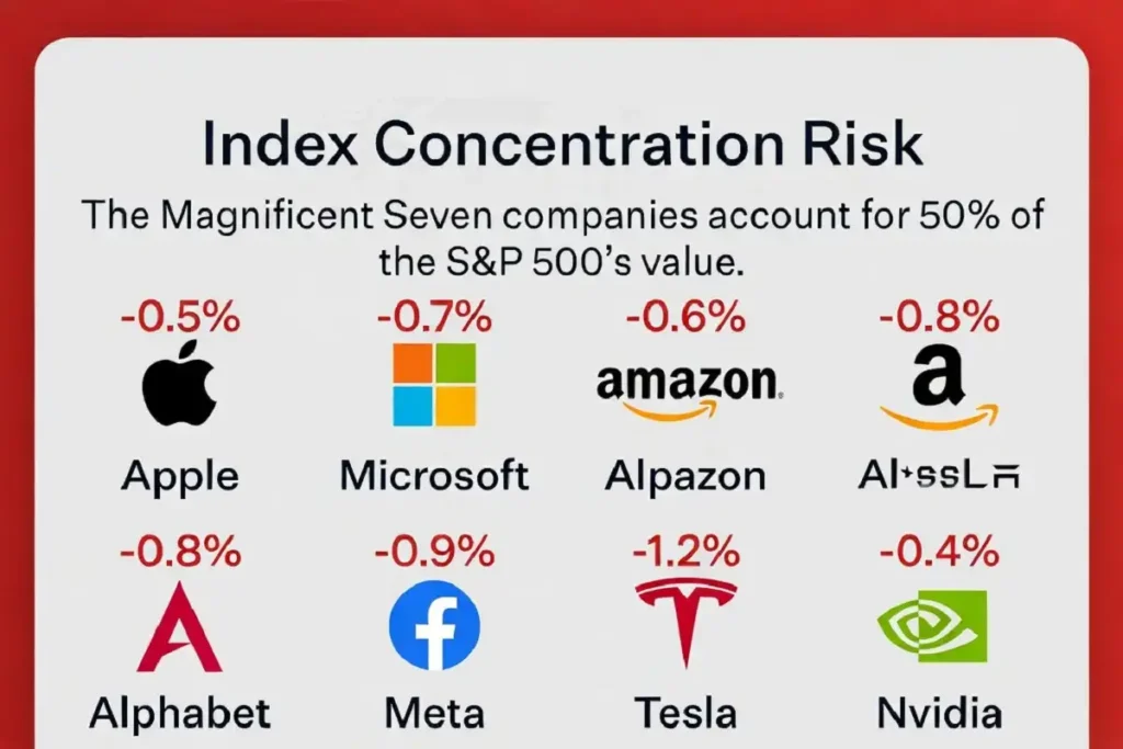Infographic explaining how Magnificent Seven stock concentration amplified the tech rout losses