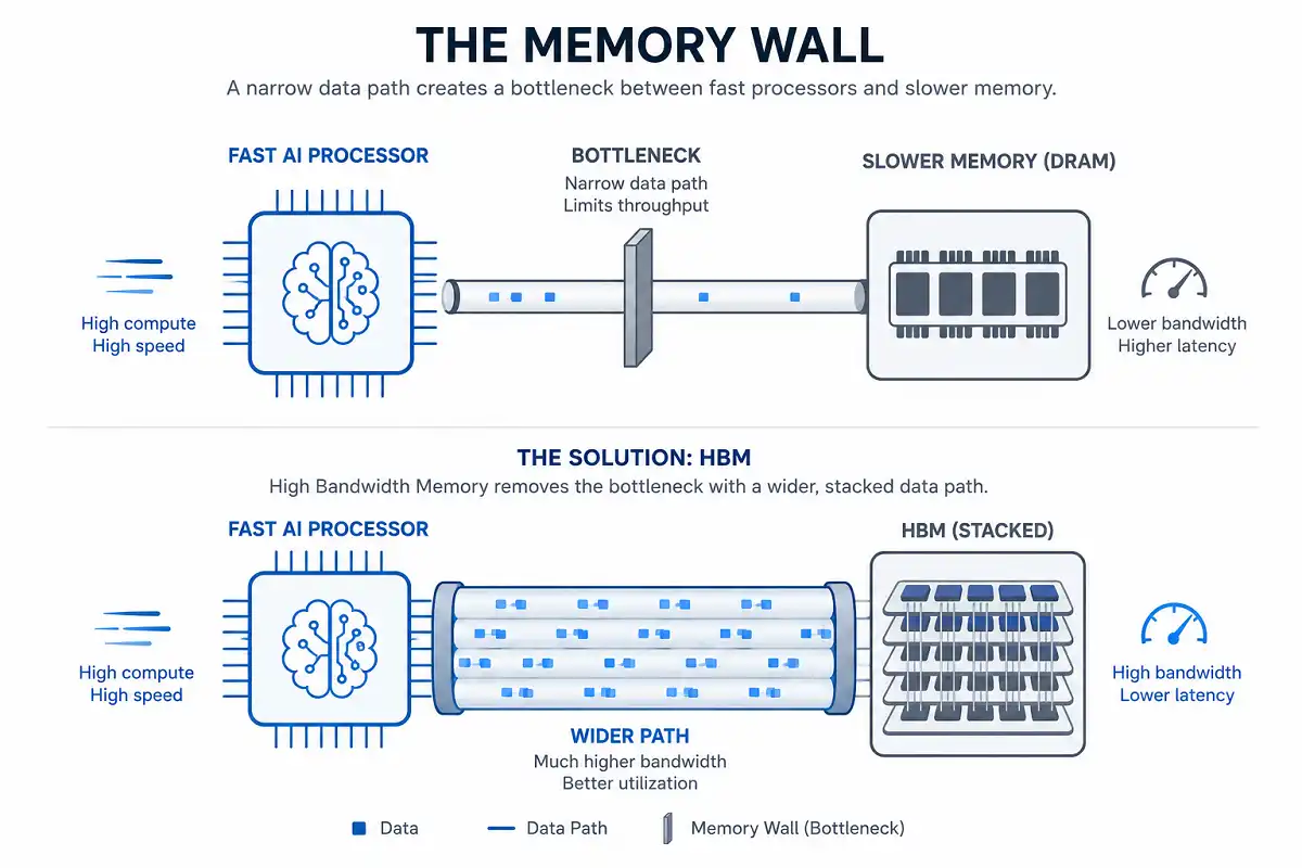 Diagram explaining why AI memory stocks 2026 depend on high-bandwidth memory to solve the memory wall