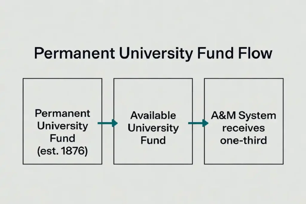 Diagram of how the Permanent University Fund distributions support the Texas A&M trust and capital projects