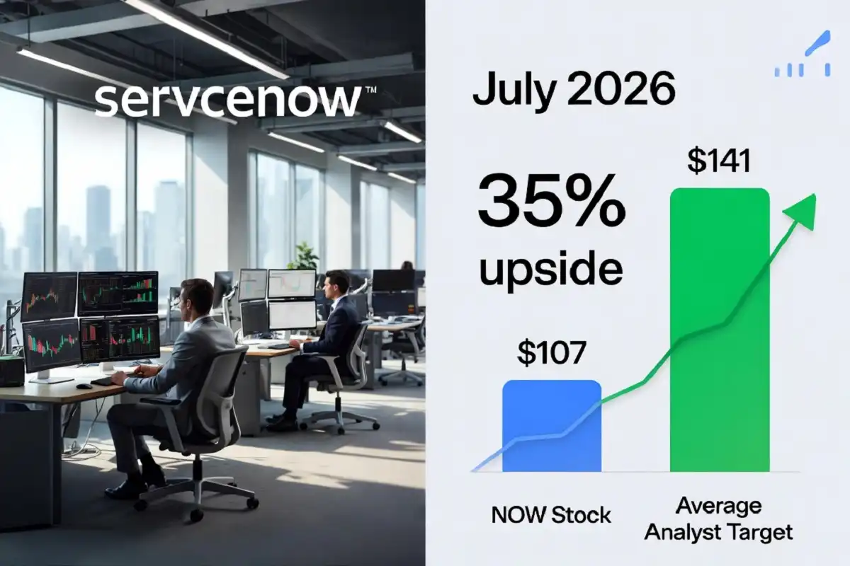 Infographic showing NOW AI Targets with ServiceNow stock price versus average analyst target in 2026