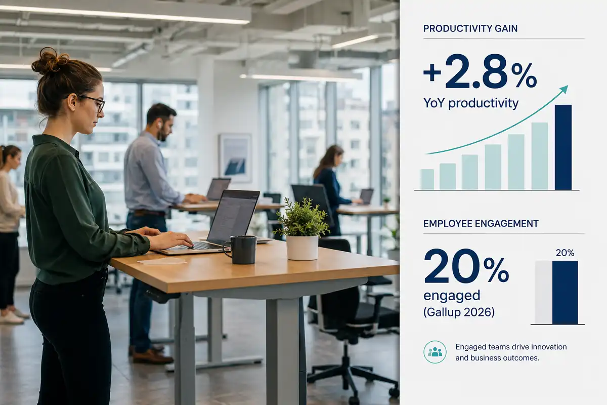 Workplace productivity data for 2026 showing 2.8 percent output growth and 20 percent global engagement