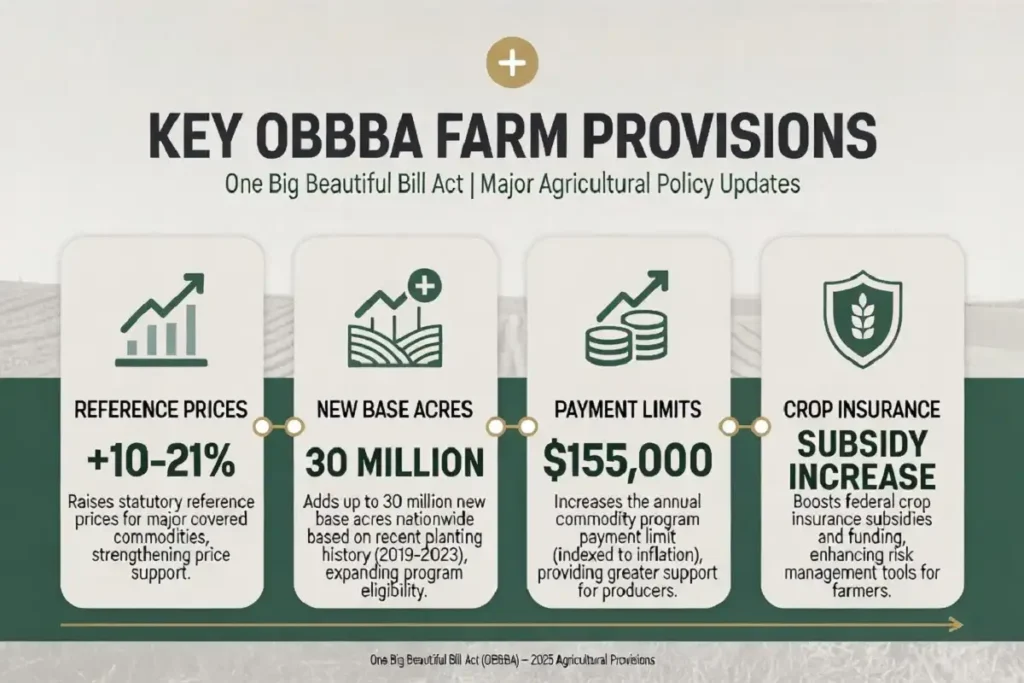 Infographic summarizing One Big Beautiful Bill Act farm safety net changes for 2026