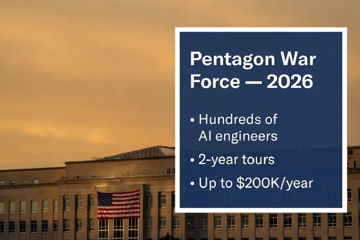Pentagon War Force recruitment infographic showing two year AI engineer roles paying up to 200K in 2026