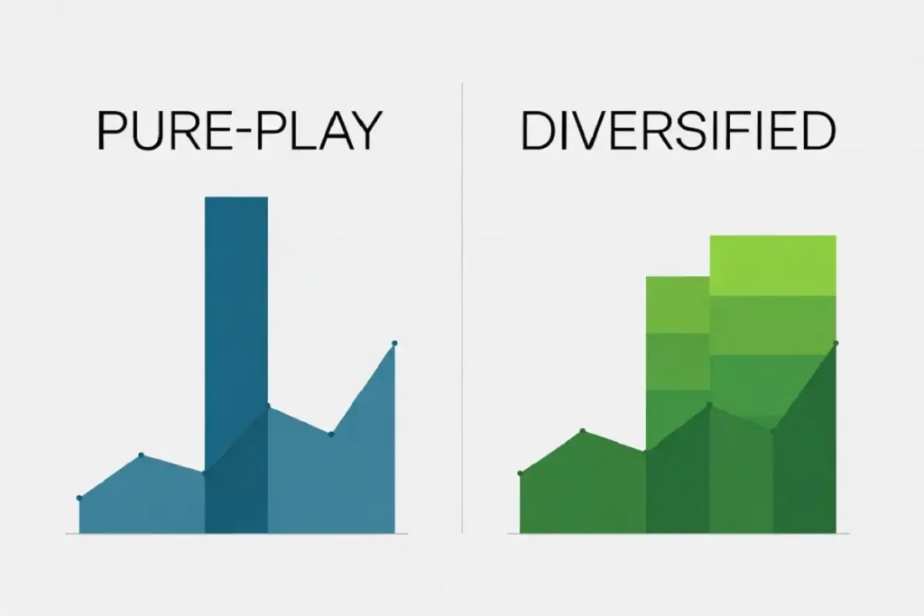 Infographic comparing pure-play and diversified AI software stocks by concentration and volatility