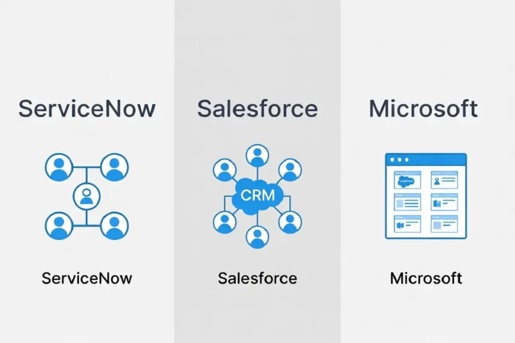 Comparison chart of ServiceNow Software AI versus Salesforce Agentforce and Microsoft Copilot