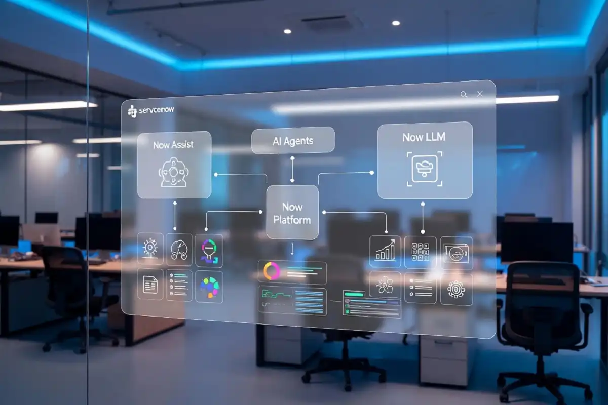 Infographic showing ServiceNow Software AI with Now Assist, AI Agents, and Now LLM connected across the Now Platform