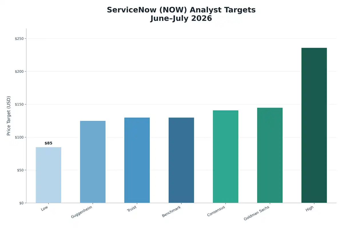 Chart of NOW AI Targets showing recent ServiceNow analyst price targets in 2026