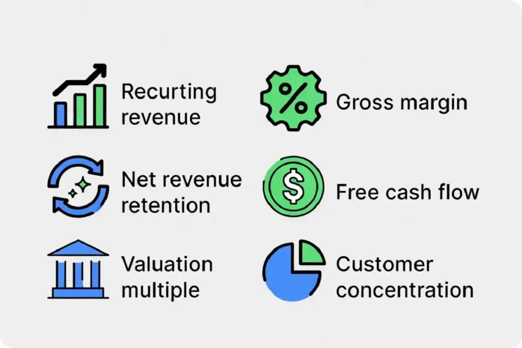 Checklist infographic showing six metrics to evaluate AI software stocks before investing