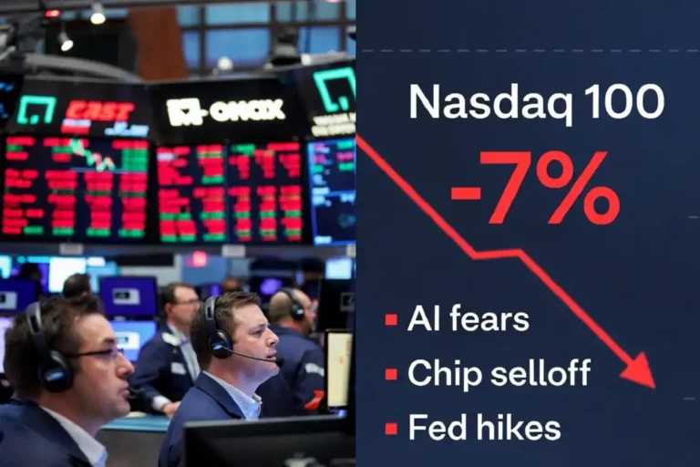Infographic showing the 2026 tech rout with the Nasdaq 100 down 7 percent and its main causes