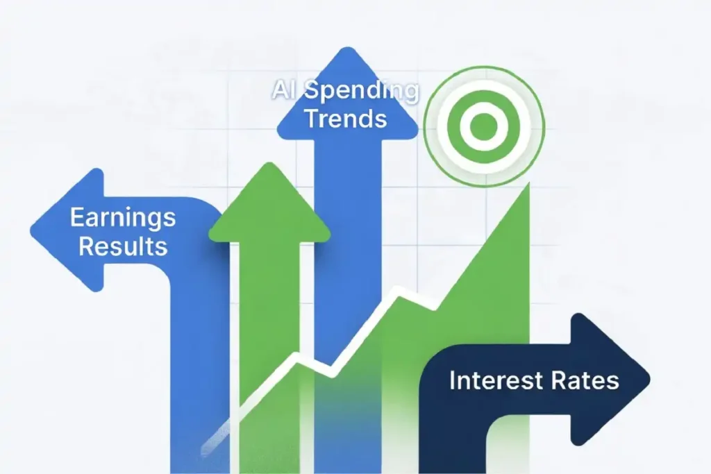 Infographic showing earnings, AI spending, and interest rates driving AI software stock prices