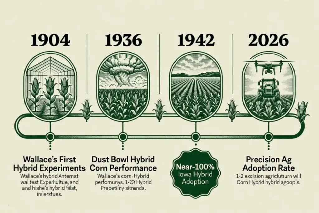 Infographic timeline showing key farming pioneer breakthroughs from hybrid corn to 2026 precision agriculture
