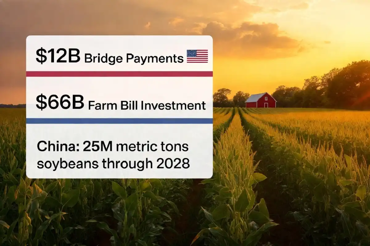 Infographic showing Trump farming policies in 2026 including bridge payments, farm bill spending, and China soybean trade deal