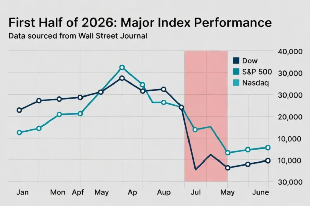 Line chart of Dow S&P 500 and Nasdaq showing the June 2026 tech rout dip and recovery