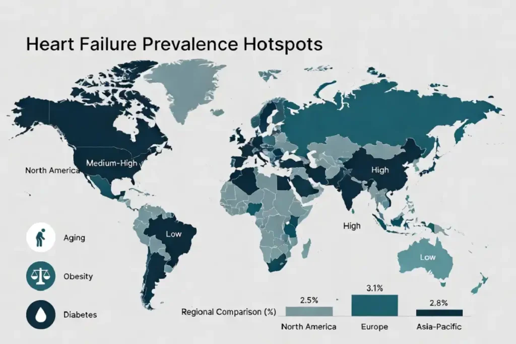 Map showing where global heart failure experts are seeing prevalence rise fastest