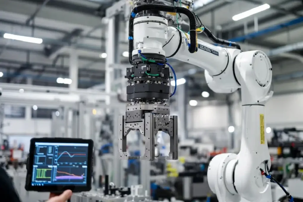 Adaptive robot arm using flexible artificial intelligence to adjust its grip in real time on a factory floor