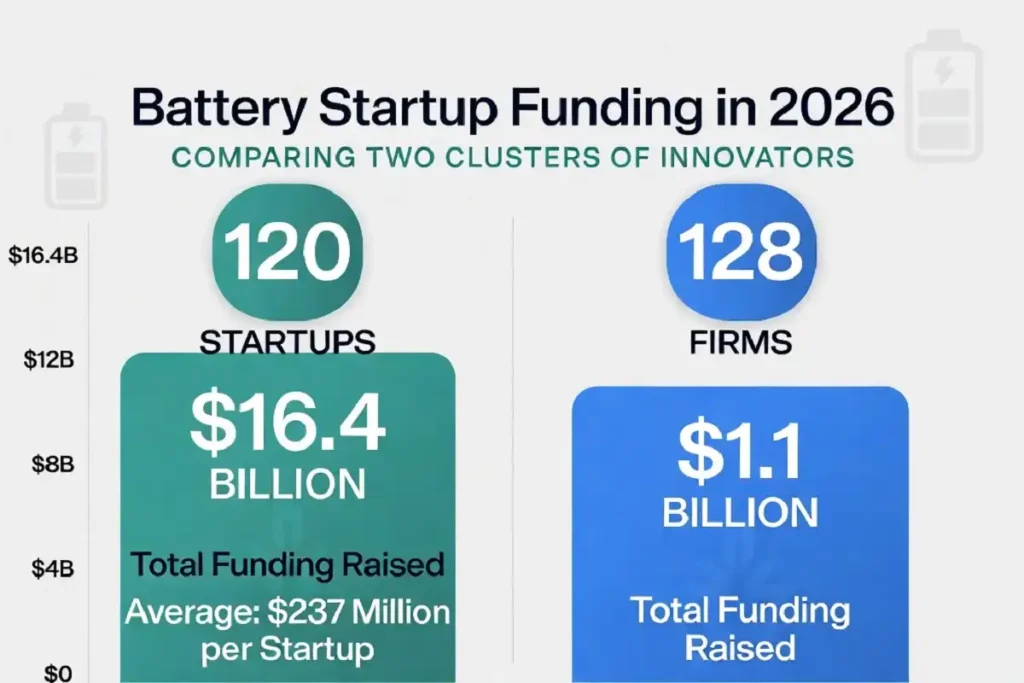 Chart comparing battery startup innovation funding totals across two 2026 databases