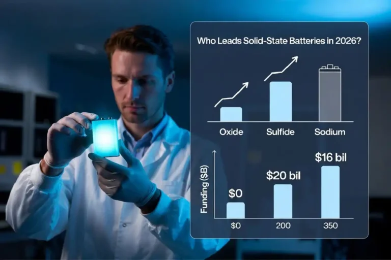 Infographic showing battery startup innovation in 2026 with solid-state chemistry routes and $16 billion in startup funding