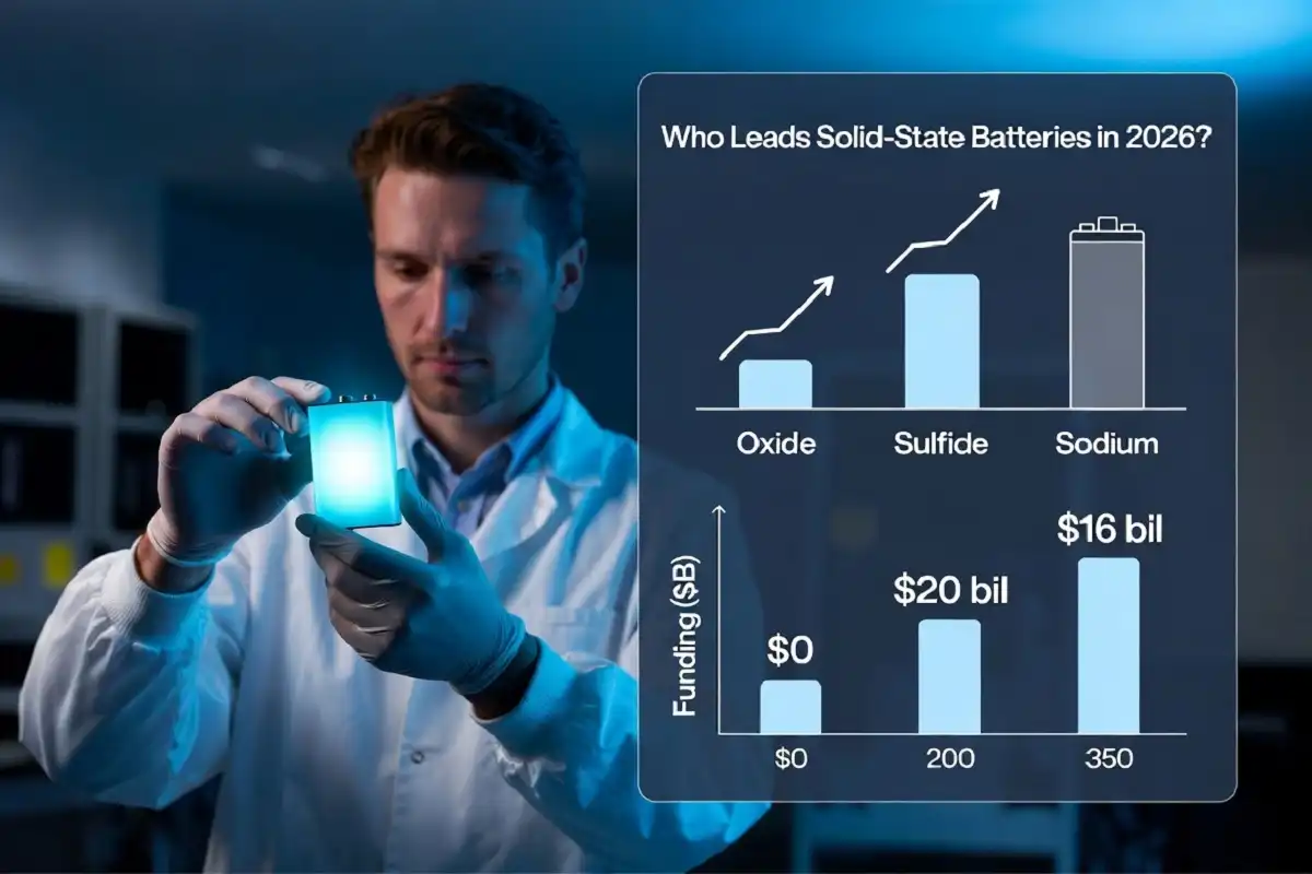 Infographic showing battery startup innovation in 2026 with solid-state chemistry routes and $16 billion in startup funding