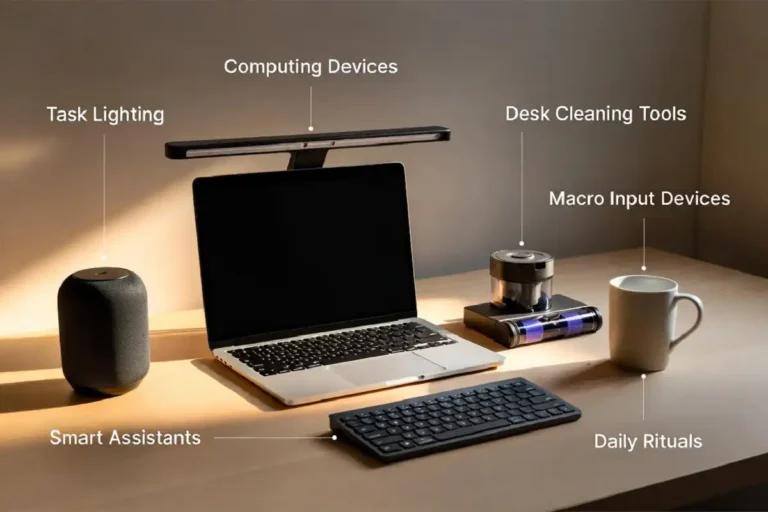 Desk gadgets for 2026 arranged on a workspace with labels for six top categories