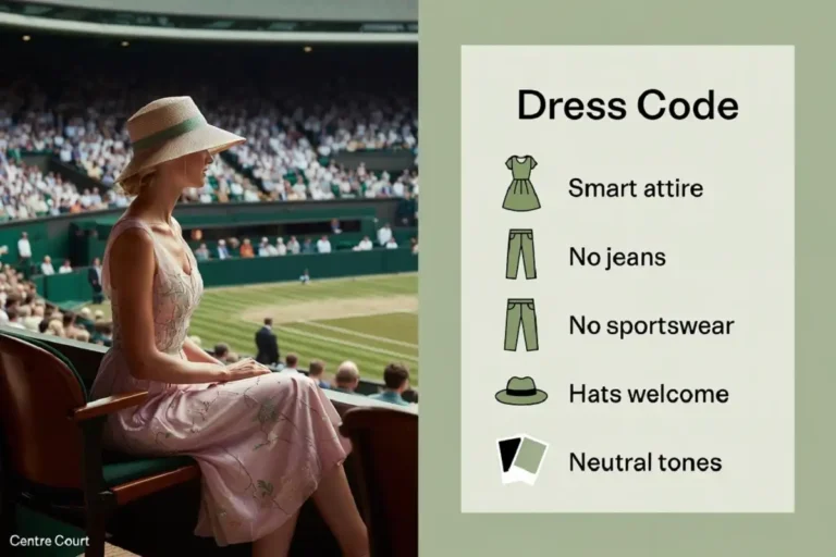 Infographic showing celebrity Wimbledon style dress code with a guest in a pastel dress and hat at Centre Court