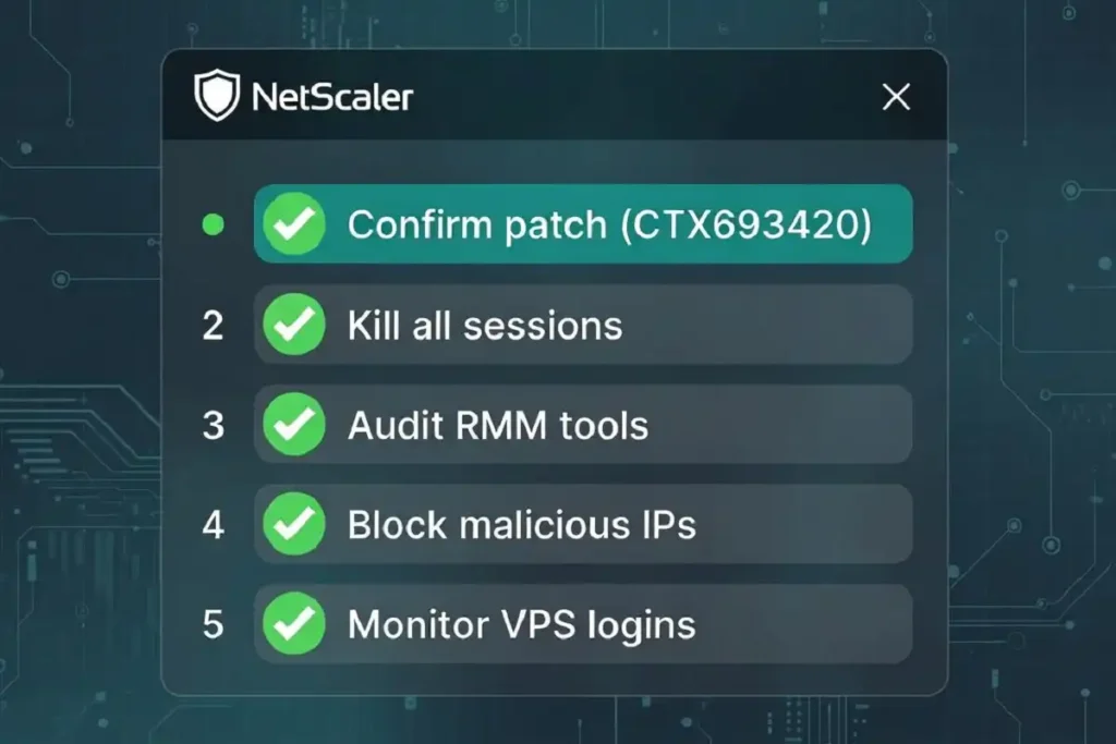 Defense checklist infographic for stopping Citrix Bleed 2 ransomware including patching and session termination