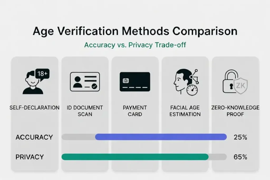 Chart comparing mobile app age verification methods by accuracy and privacy including facial estimation and zero-knowledge proof