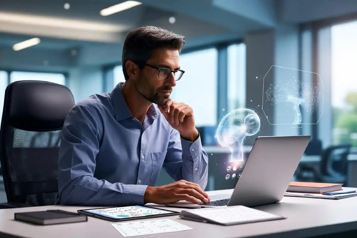Business leader learning AI and new technology skills at a modern desk.