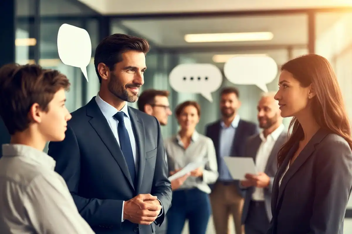 Business leader demonstrating emotional intelligence by listening, empathizing, and connecting with diverse team members in a modern workplace.