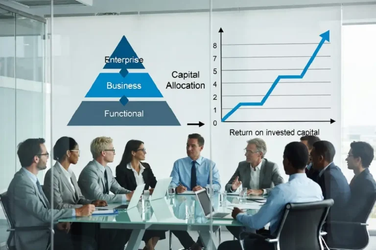 Enterprise strategy shown as a three-tier pyramid with capital allocation flows in a boardroom