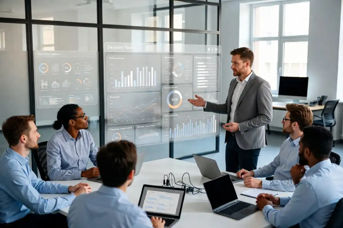Ethical leader explaining an AI-assisted decision to a diverse team while emphasizing transparency, fairness, and human accountability.