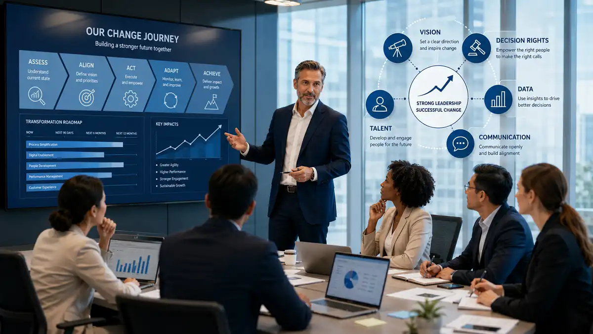 Leader applying executive leadership strategies while guiding a team through organizational change