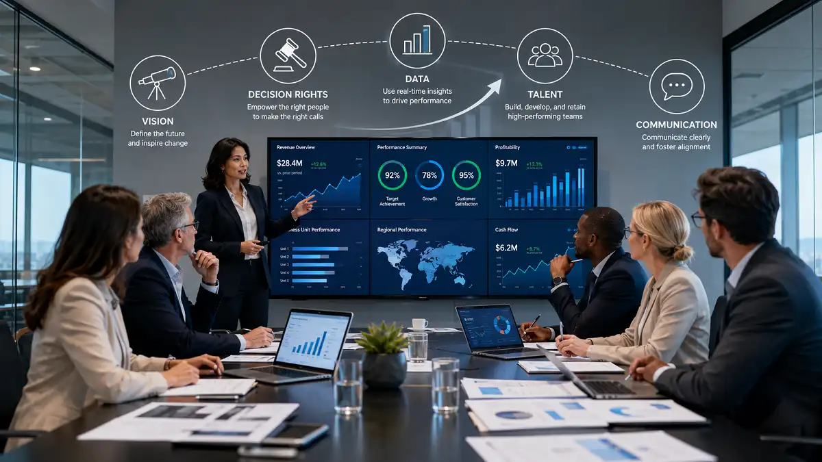 Executive team applying leadership strategies while reviewing company performance dashboards
